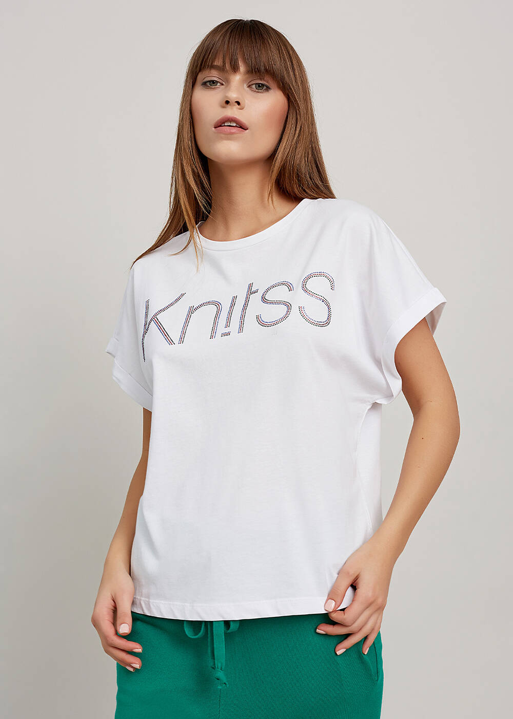 Rhinestone Logolu Beyaz T-Shirt - 1