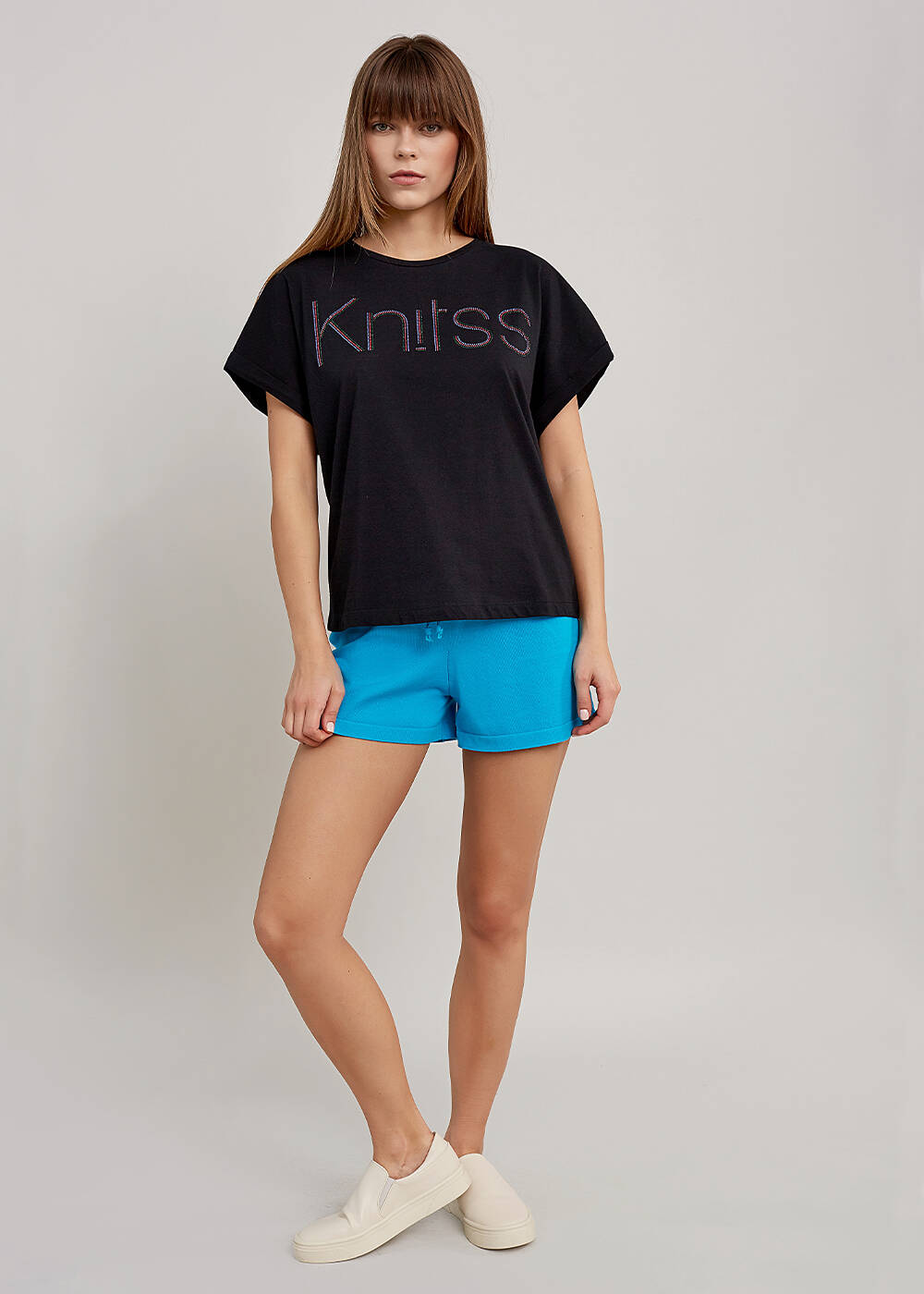 Rhinestone Logolu Siyah T-Shirt - 2
