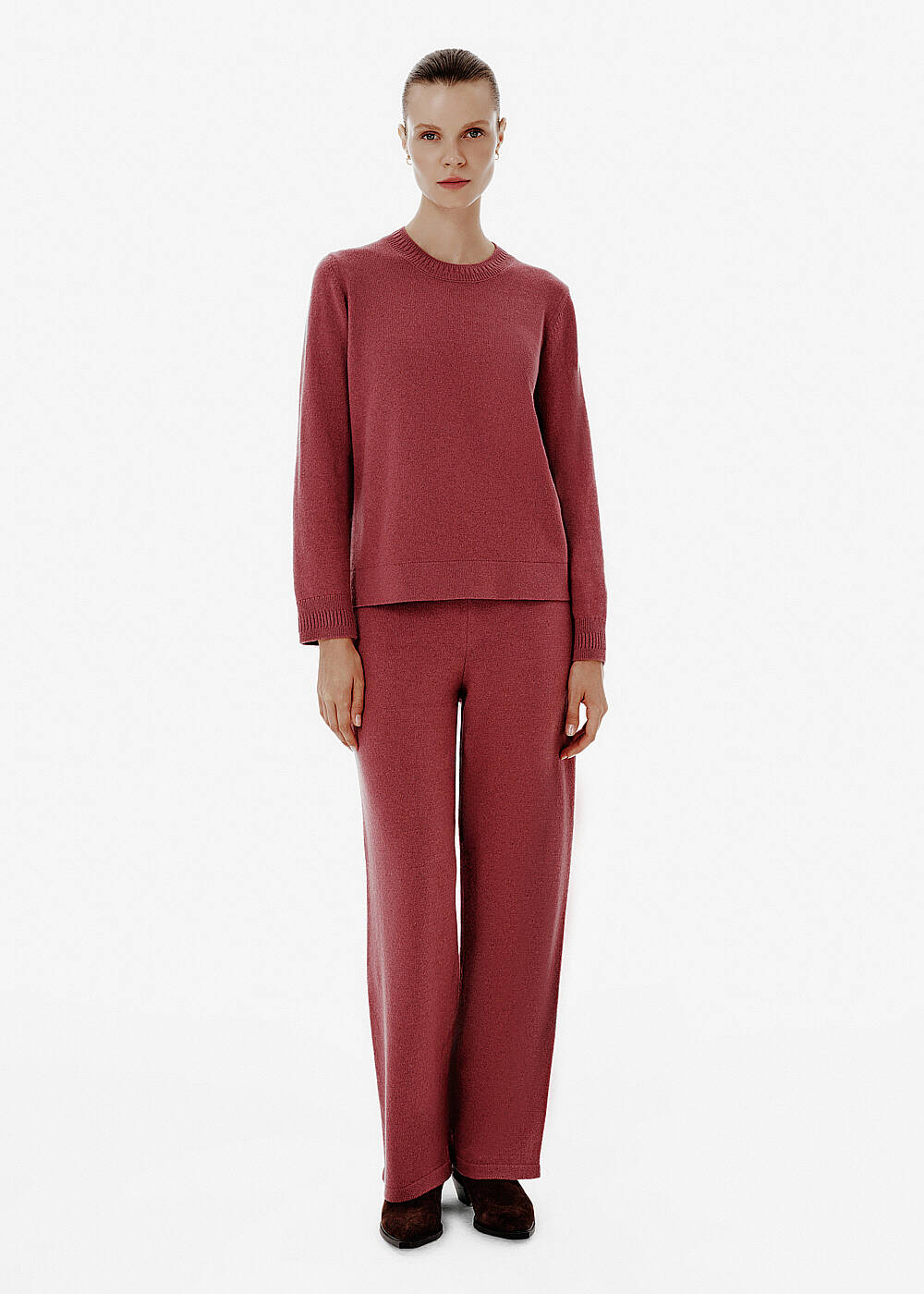 Rib Detail Crew Neck Antique Rose Cashmere Sweater - 2