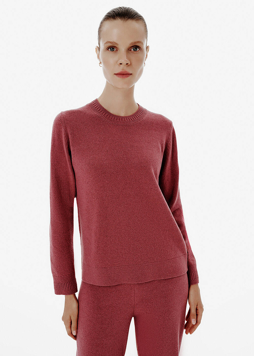 Rib Detail Crew Neck Antique Rose Cashmere Sweater - 1