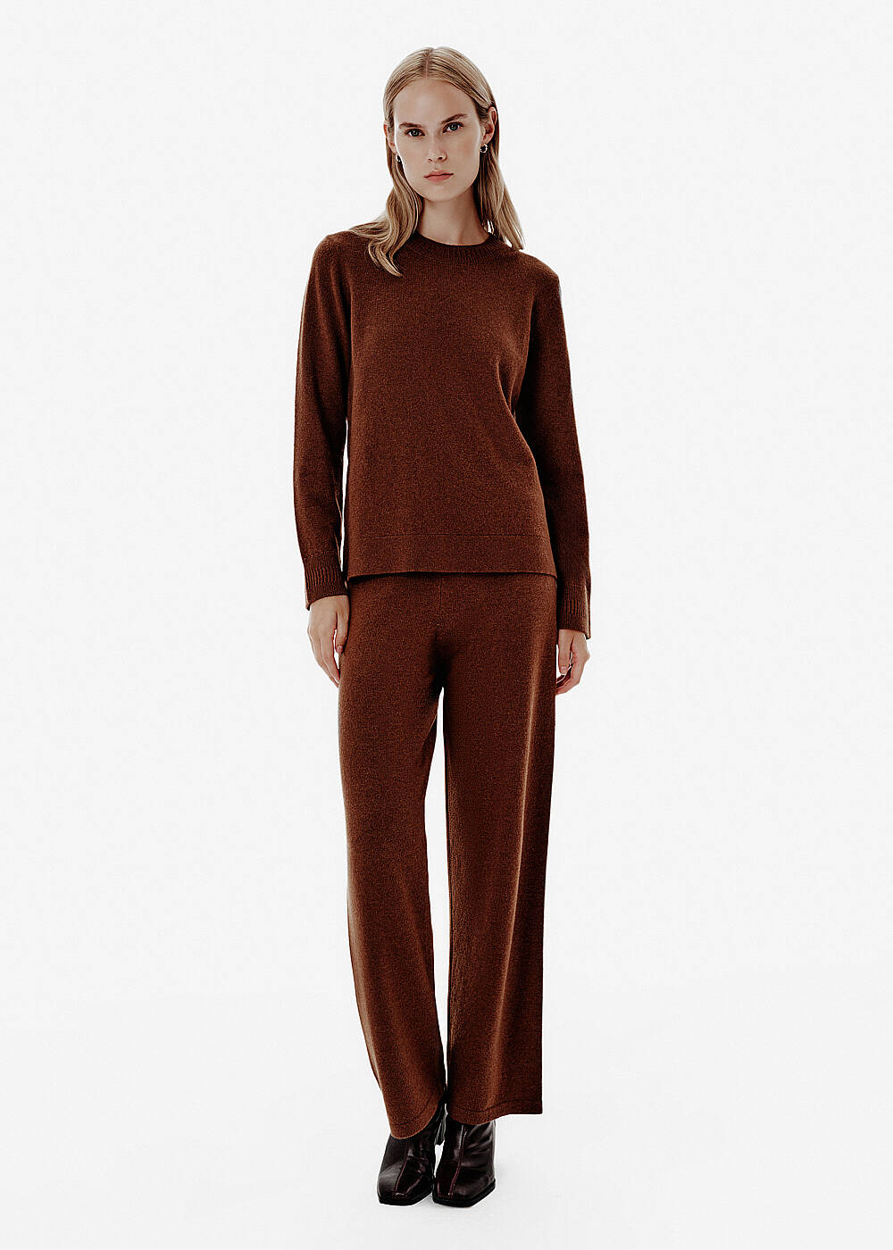 Rib Detail Crew Neck Brown Cashmere Sweater - 2