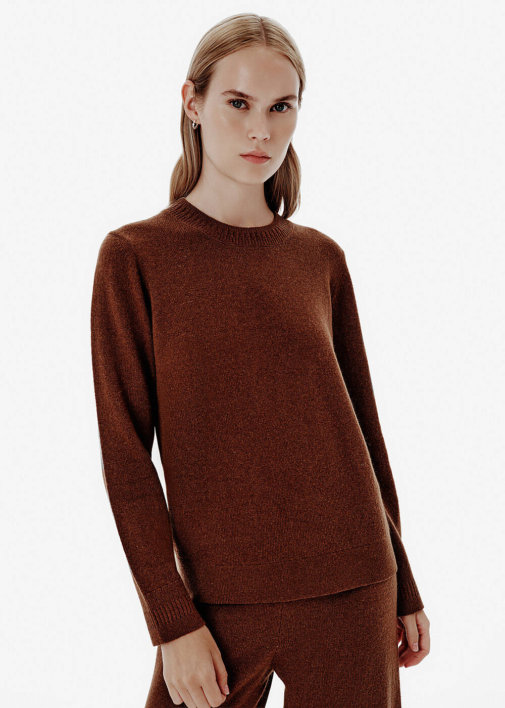 Rib Detail Crew Neck Brown Cashmere Sweater - 1