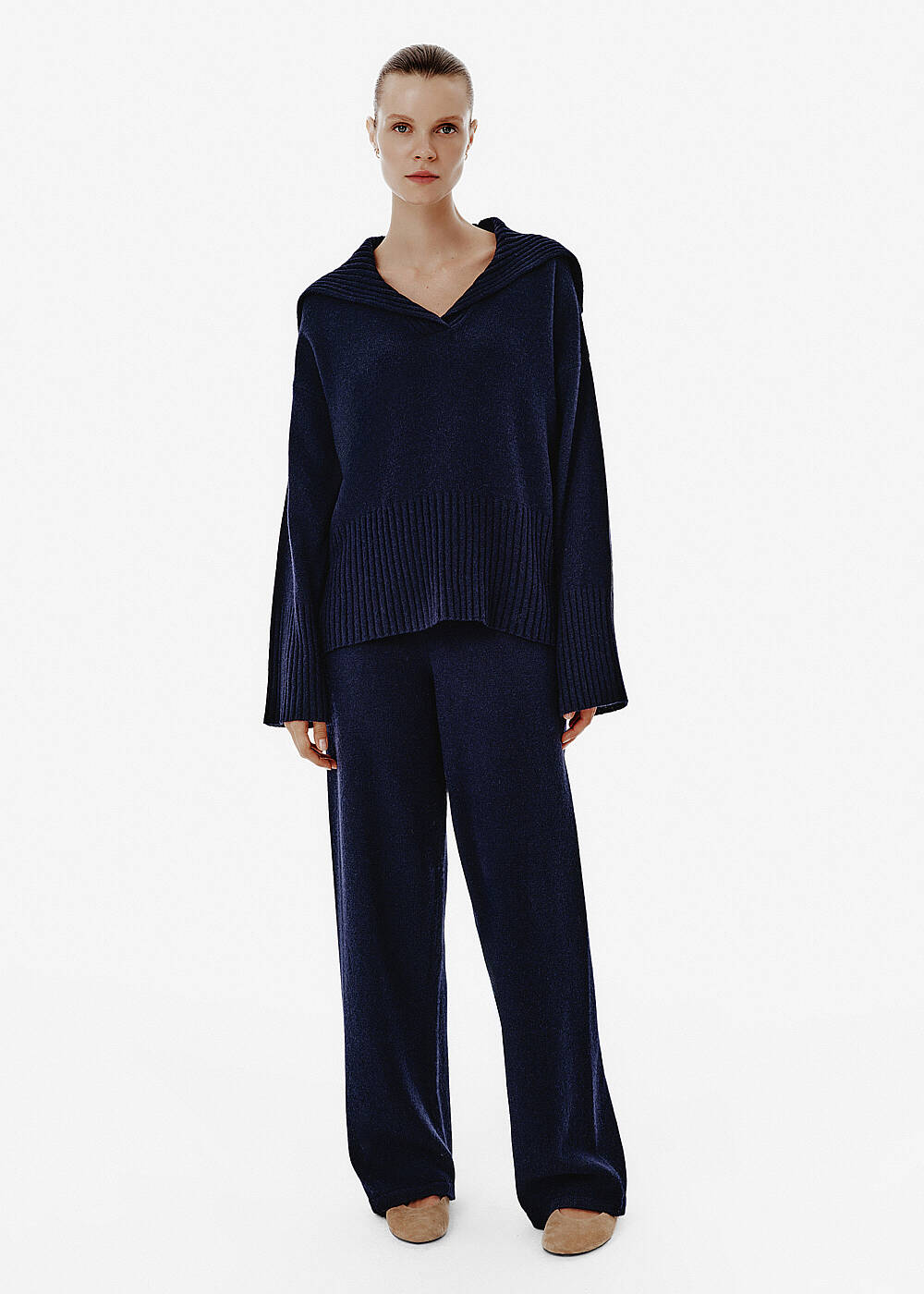 Rib Detail Navy Cashmere Sweater - 2