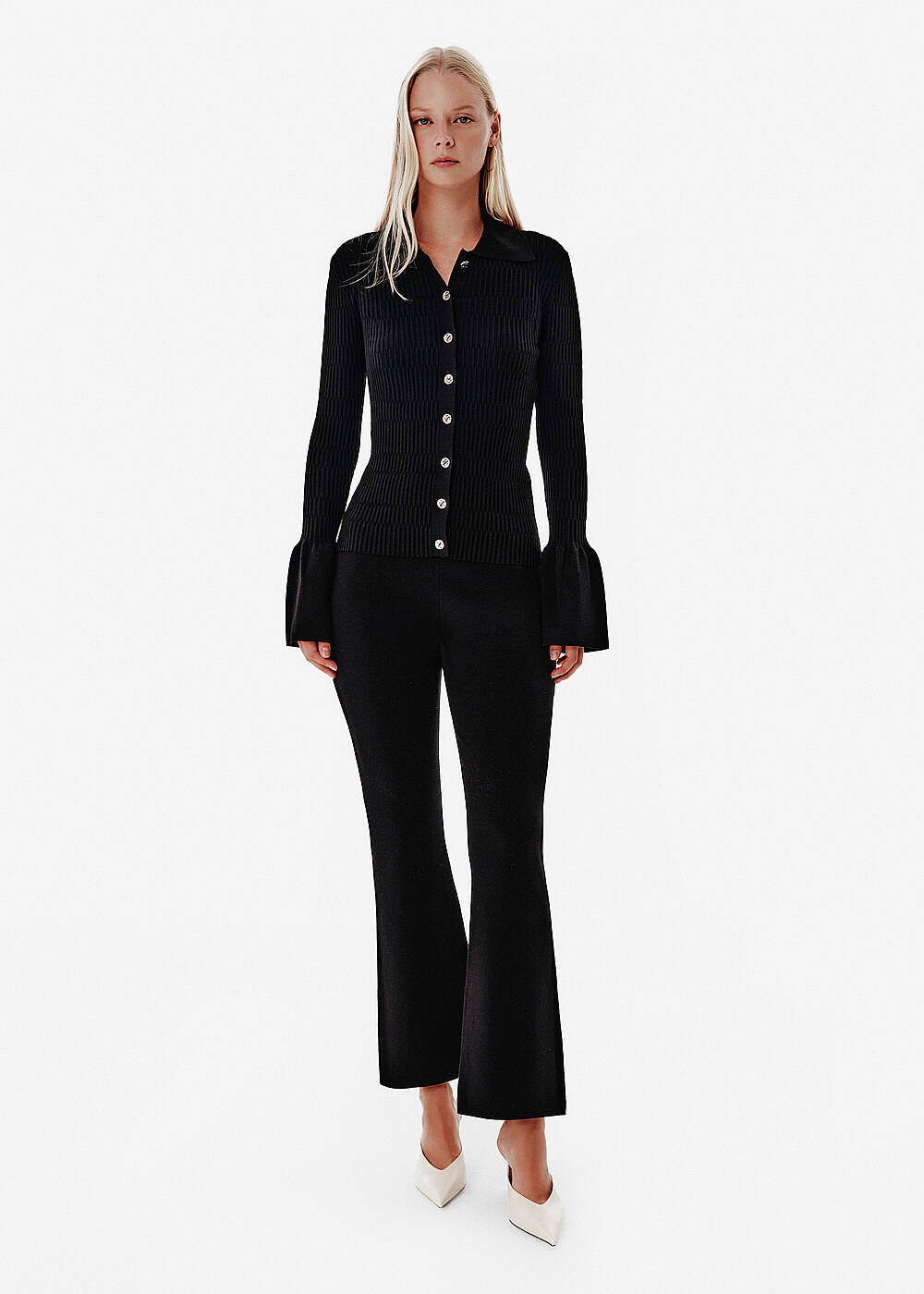 Rib Knit Flare Sleeve Black Fitted Shirt - 1