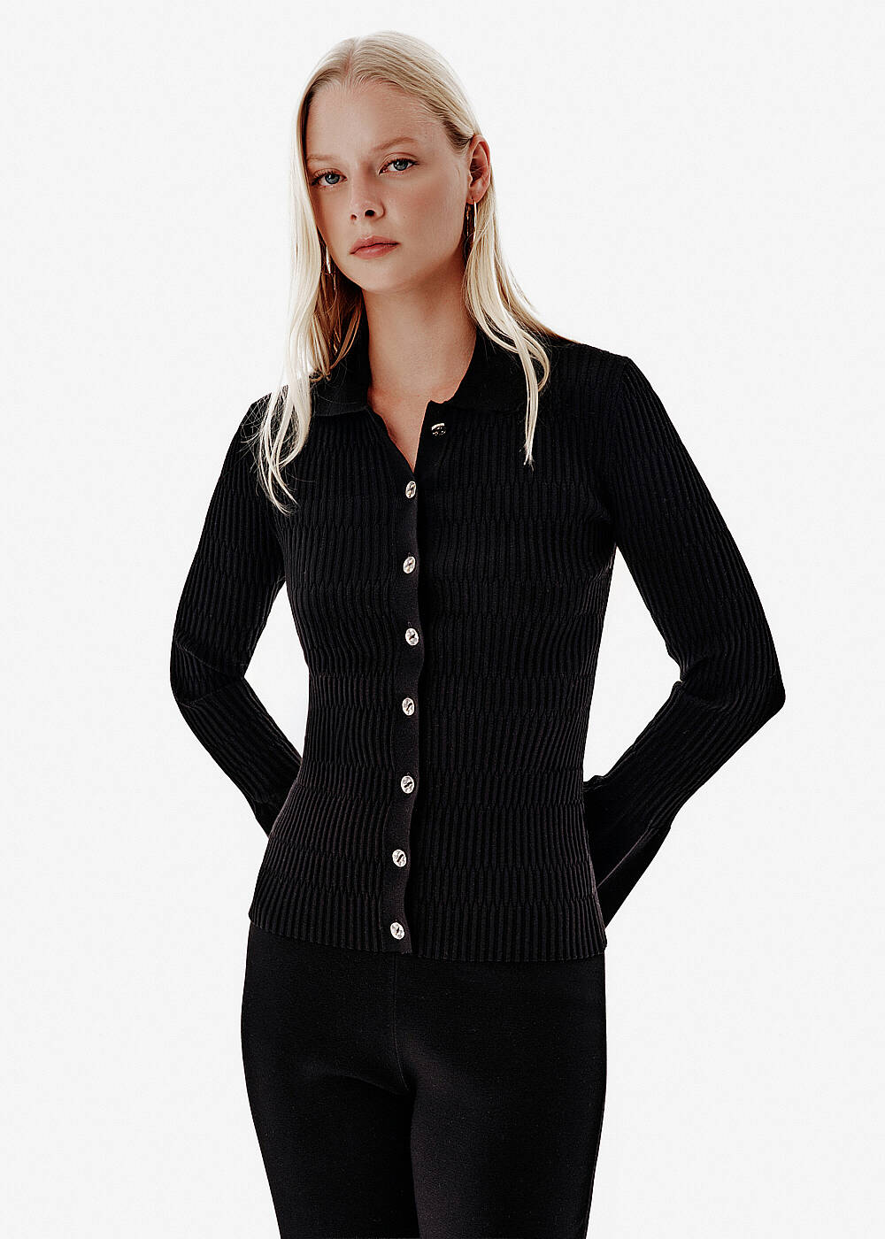 Rib Knit Flare Sleeve Black Fitted Shirt - 1