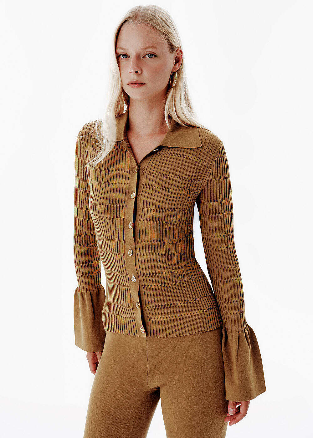 Rib Knit Flare Sleeve Green Fitted Shirt - 1