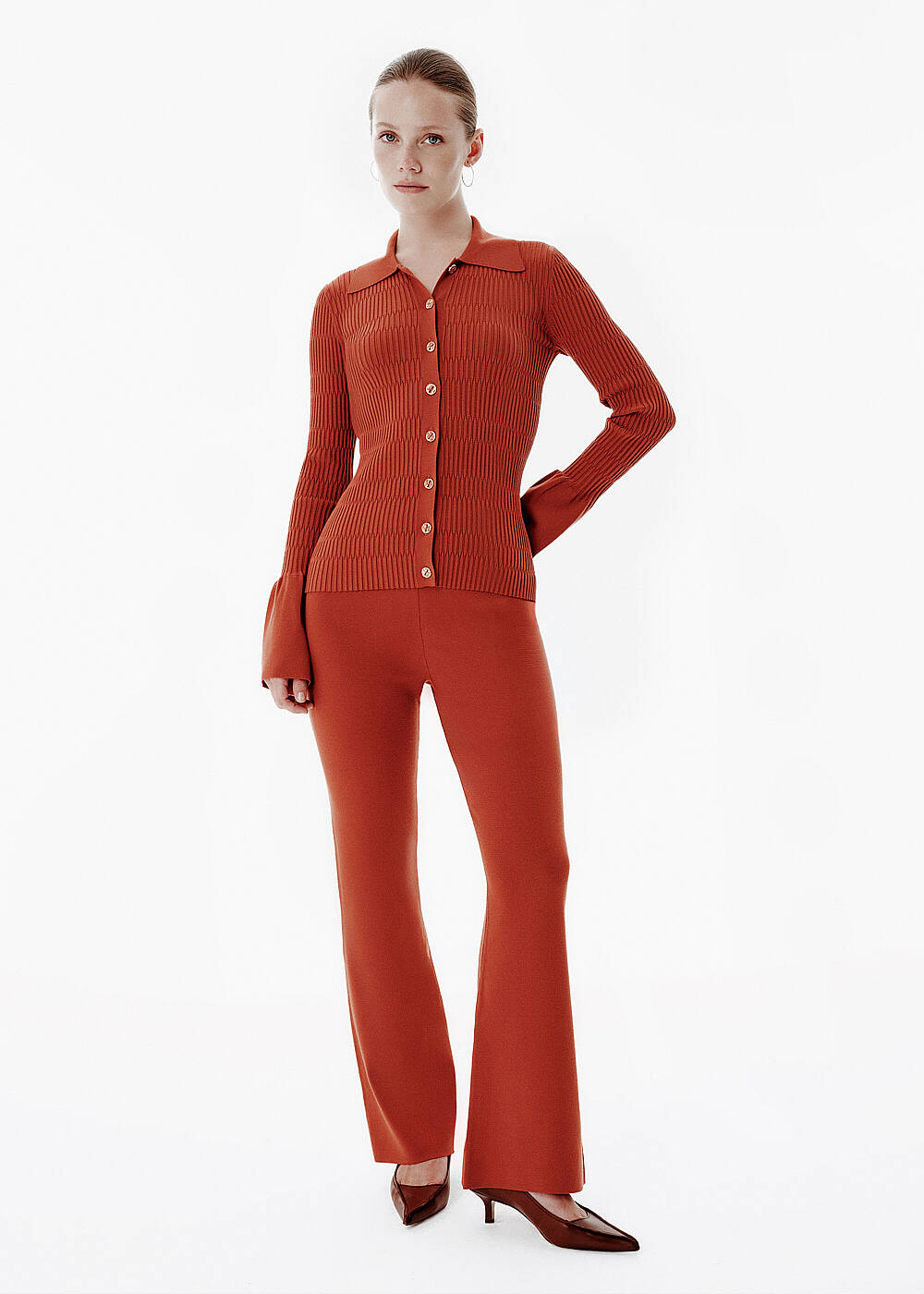 Rib Knit Flare Sleeve Tile Color Fitted Shirt - 2