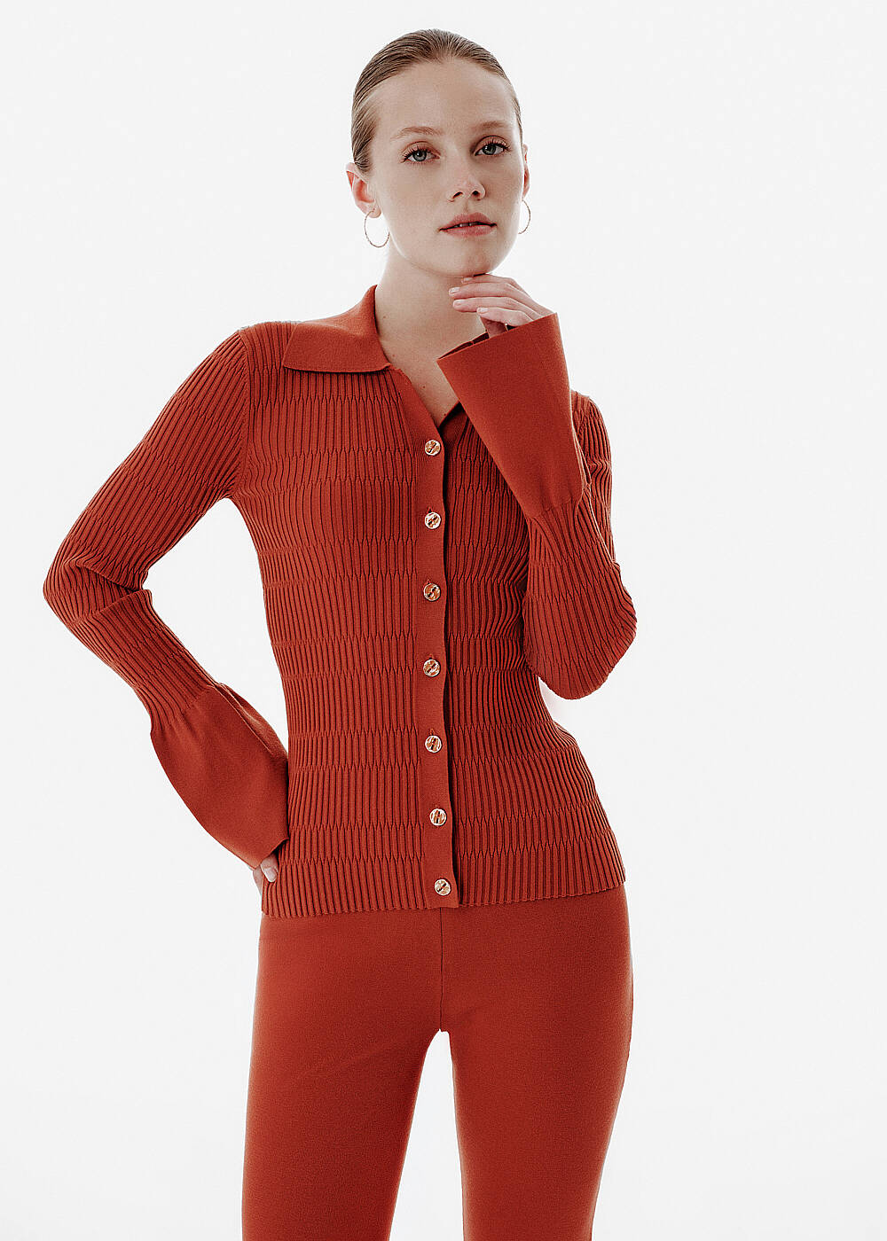 Rib Knit Flare Sleeve Tile Color Fitted Shirt - 1