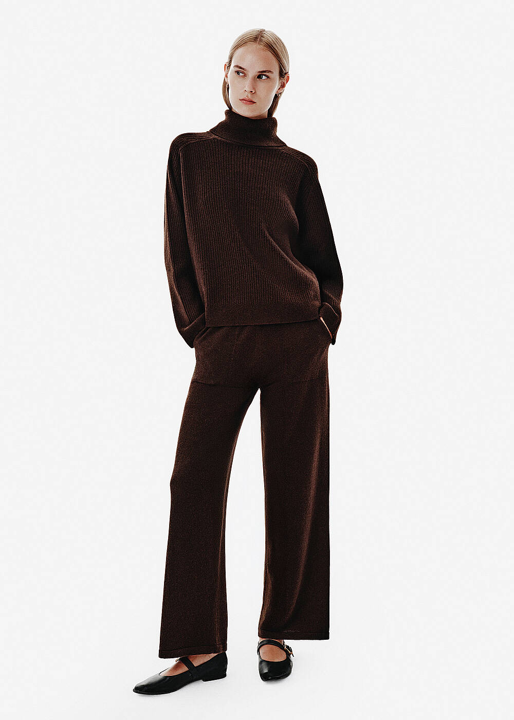 Rib Knit Roll-Neck Coffee Oversıze Cashmere Sweater - 2