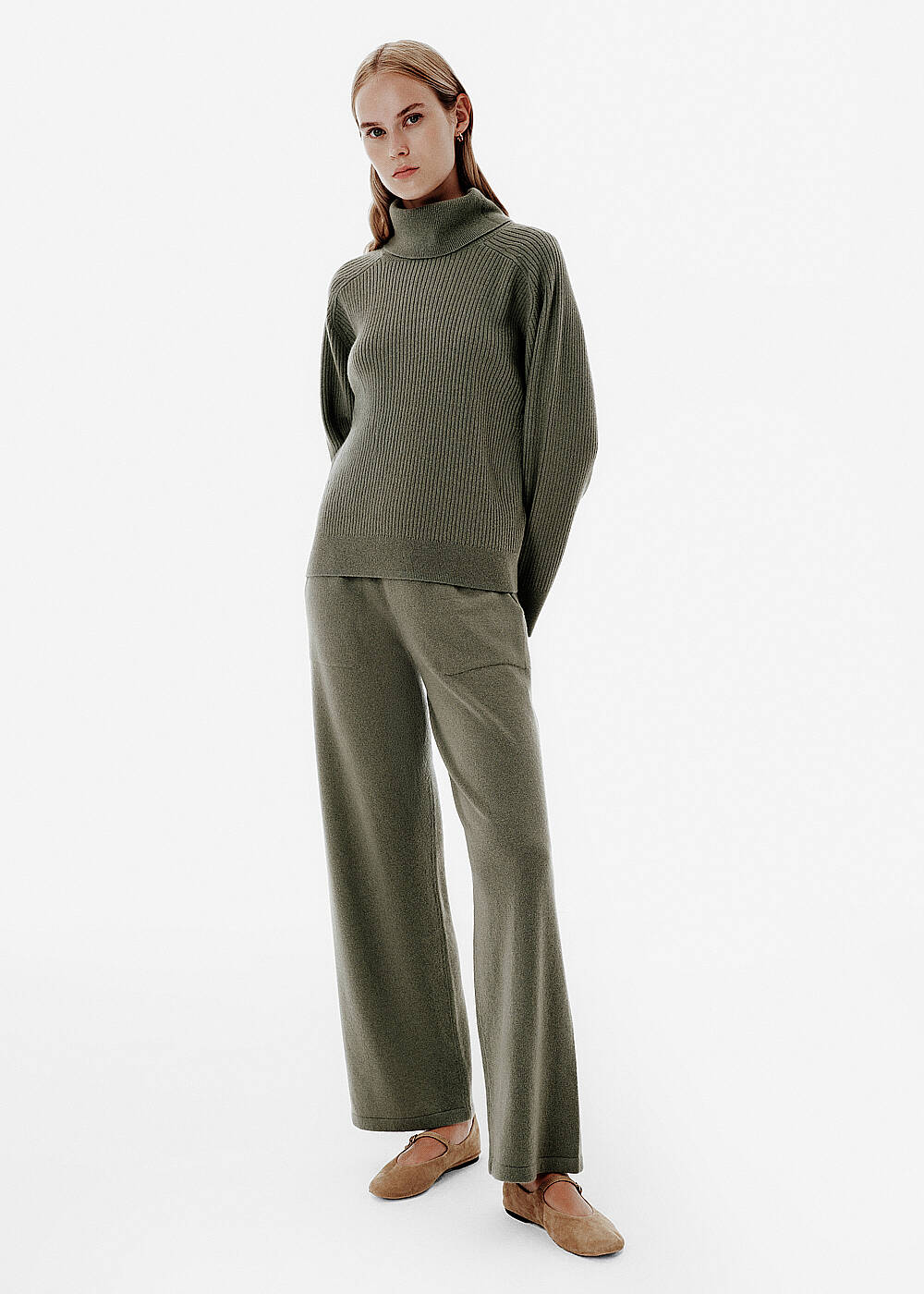 Rib Knit Roll-Neck Green Oversıze Cashmere Sweater - 2