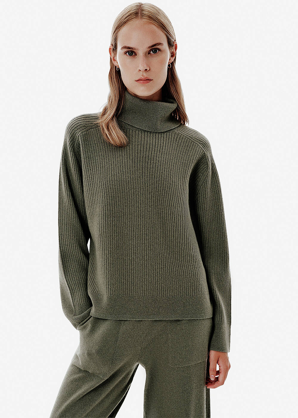 Rib Knit Roll-Neck Green Oversıze Cashmere Sweater - 1