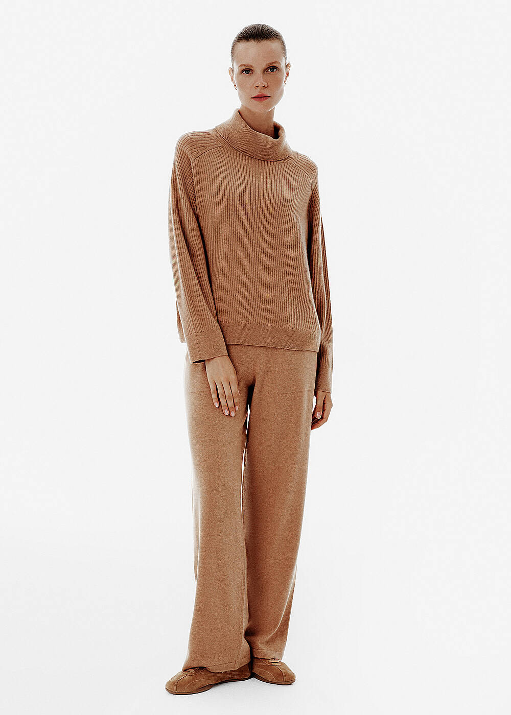 Rib Knit Roll-Neck Toffee Oversıze Cashmere Sweater - 2
