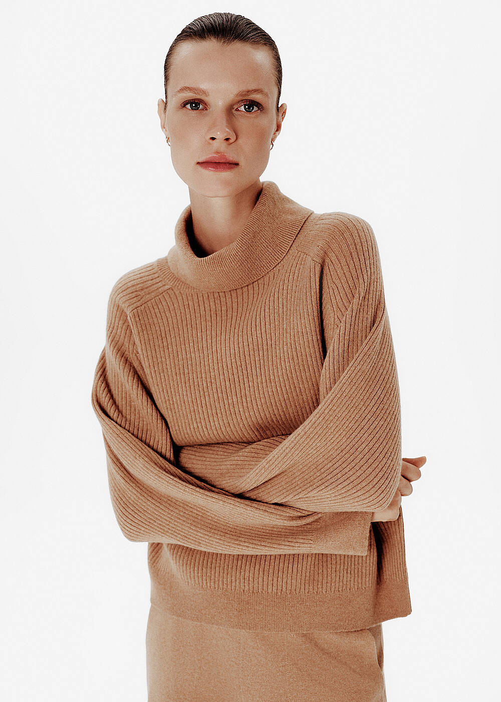 Rib Knit Roll-Neck Toffee Oversıze Cashmere Sweater - 1