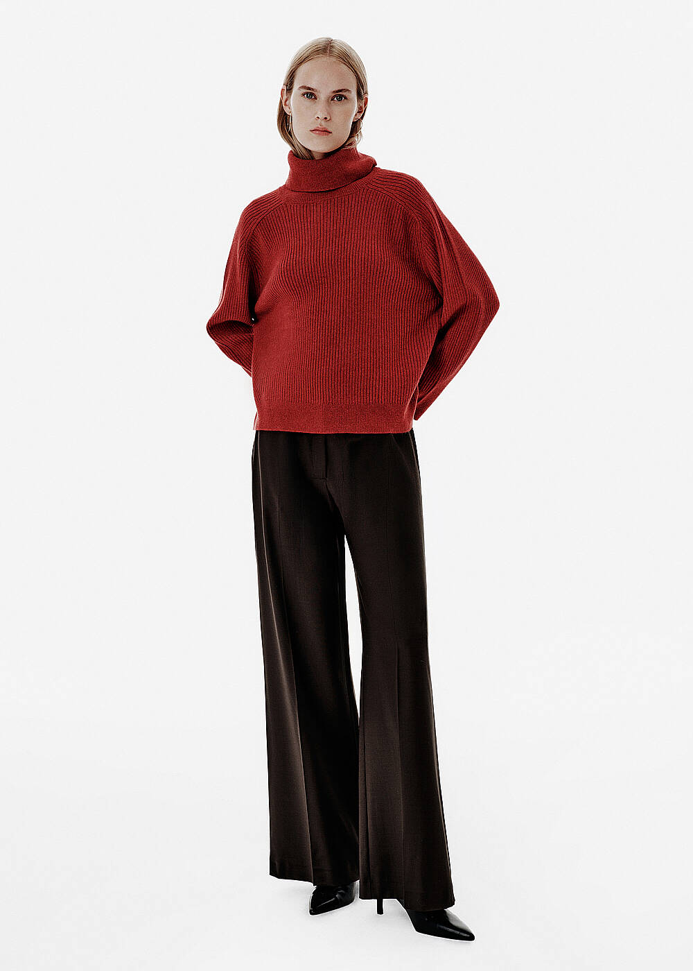 Rib Örgü Roll-Neck Kırmızı Oversıze Kaşmir Triko - 2