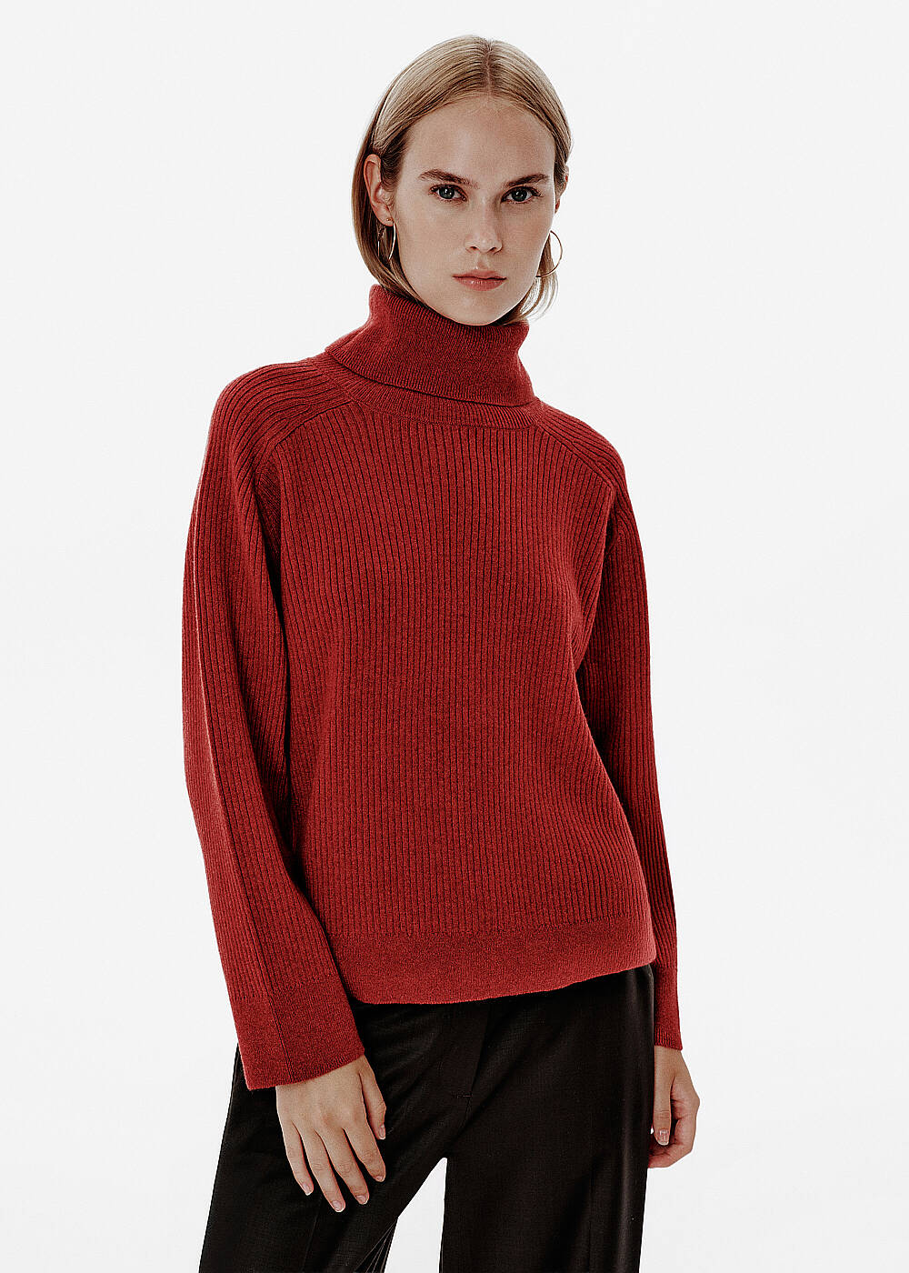 Rib Örgü Roll-Neck Kırmızı Oversıze Kaşmir Triko - 1