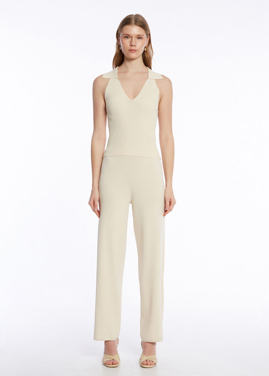 RIBBED DETAILED SAND KNIT PANTS - KNITSS