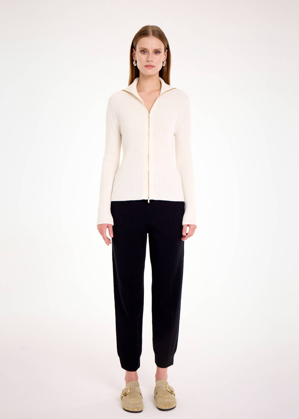 RIBBED ECRU MERINO KNIT CARDIGAN - 2