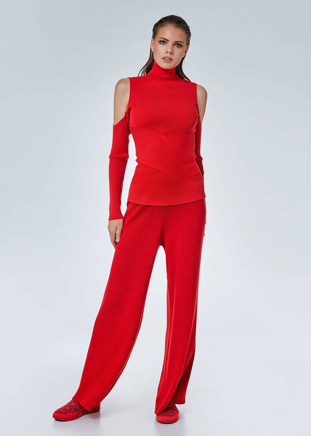 Ribli Kırmızı Lurex Triko Pantolon - 1