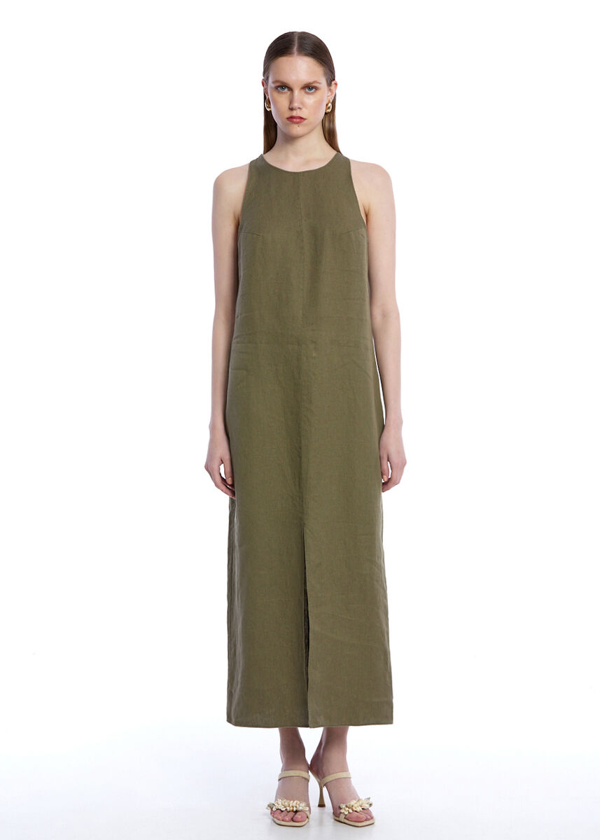 ROSEMARY SIDE SLIT DETAILED LINEN DRESS - KNITSS