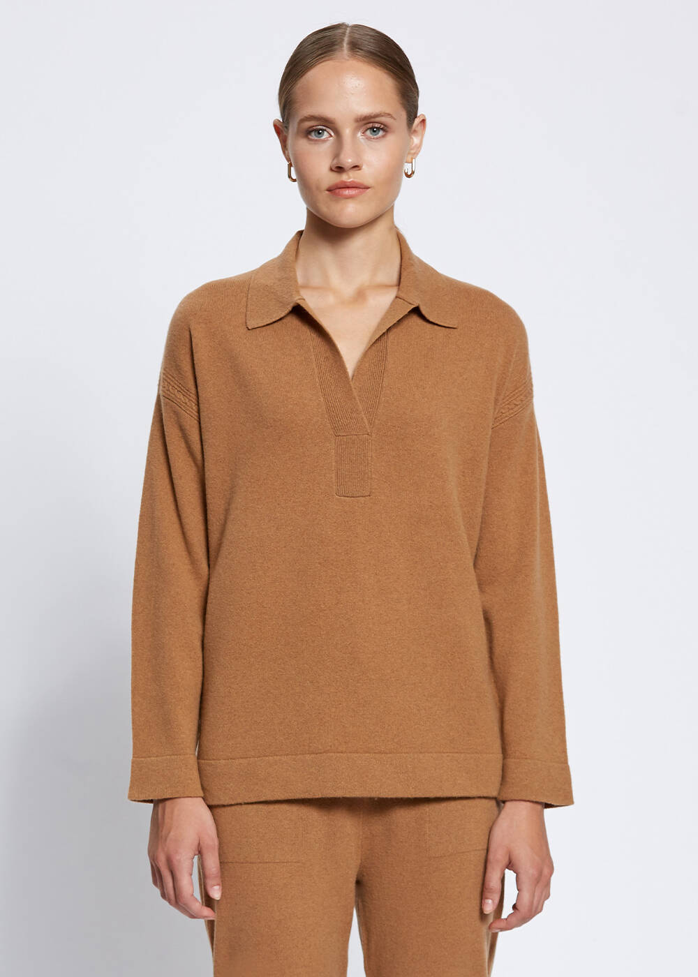 Saç Örgü Detaylı Polo Yaka Camel Kaşmir Triko - 1