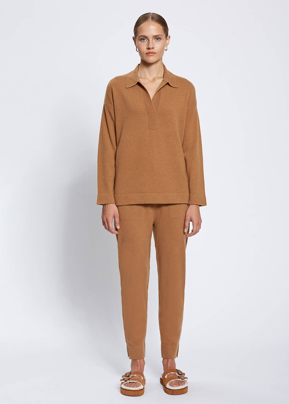 Saç Örgü Detaylı Polo Yaka Camel Kaşmir Triko - 2