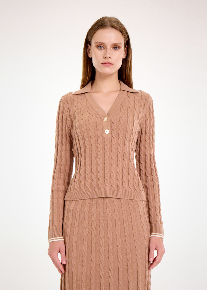 Saç Örgü Kontrast Çizgili Camel Triko - KNITSS