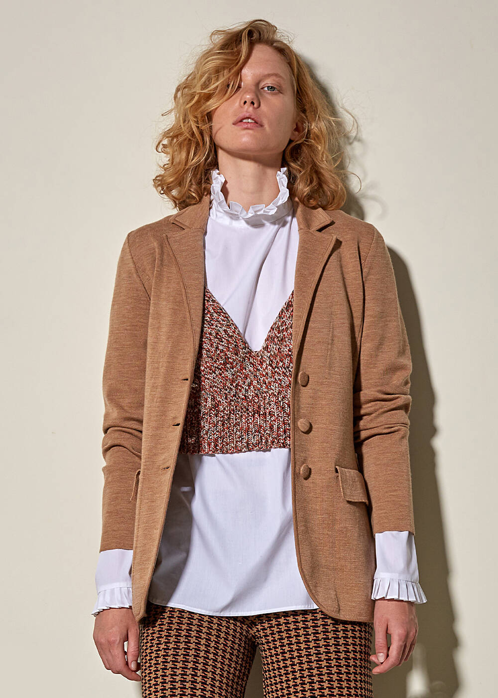 Saf İtalyan Yün Camel Blazer Triko Ceket - 1