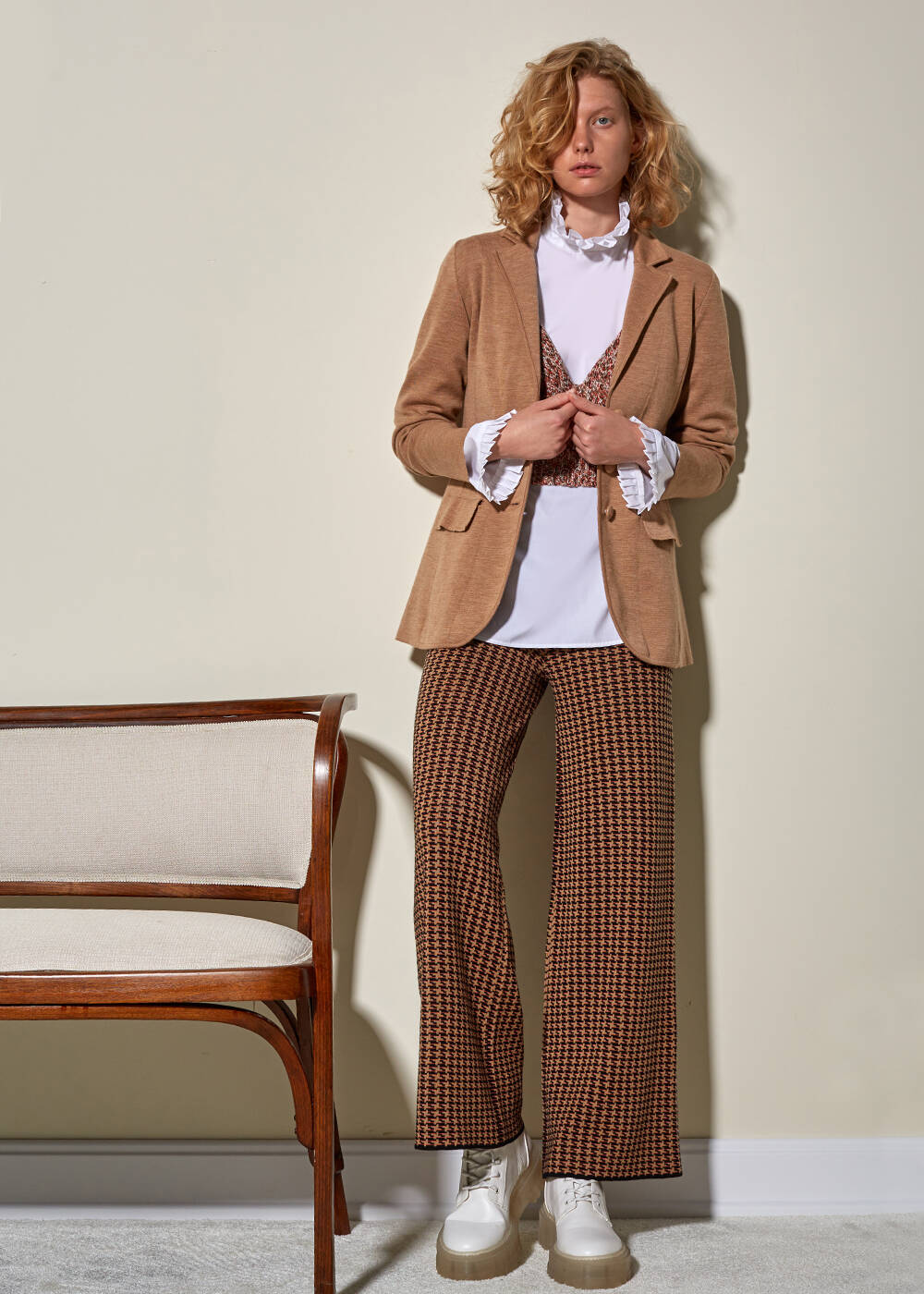 Saf İtalyan Yün Camel Blazer Triko Ceket - 2