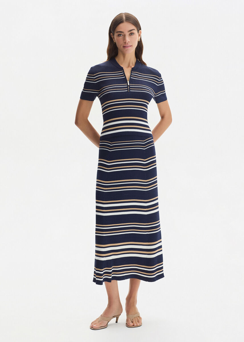 SAND WHITE STRIPE NAVY KNIT SKIRT - KNITSS