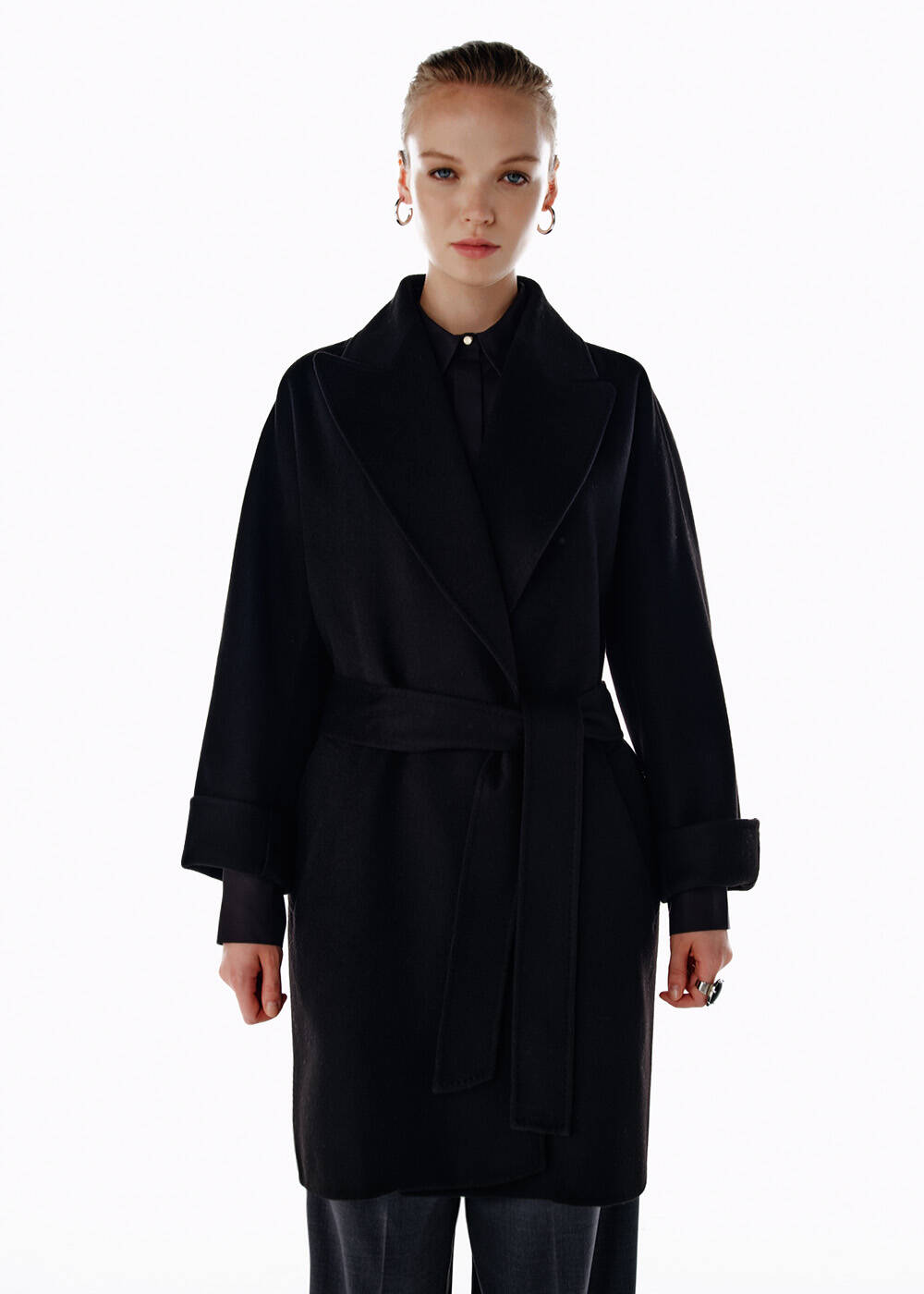 SELF BELTED WOOL COAT BLACK - 1