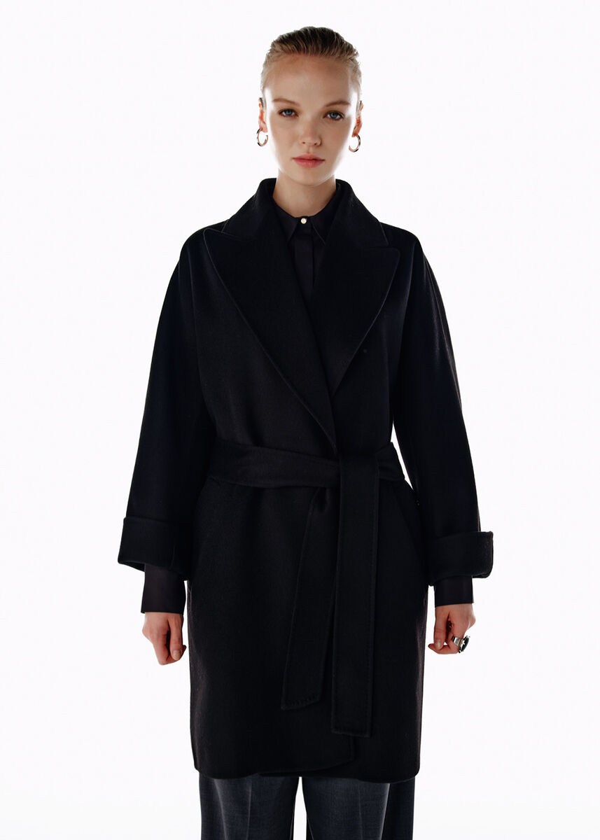 SELF BELTED WOOL COAT BLACK - KNITSS