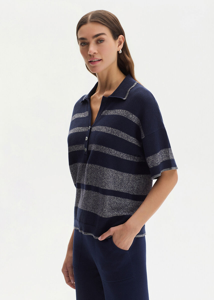 SHIMMERY POLO NECK NAVY SWEATER - KNITSS