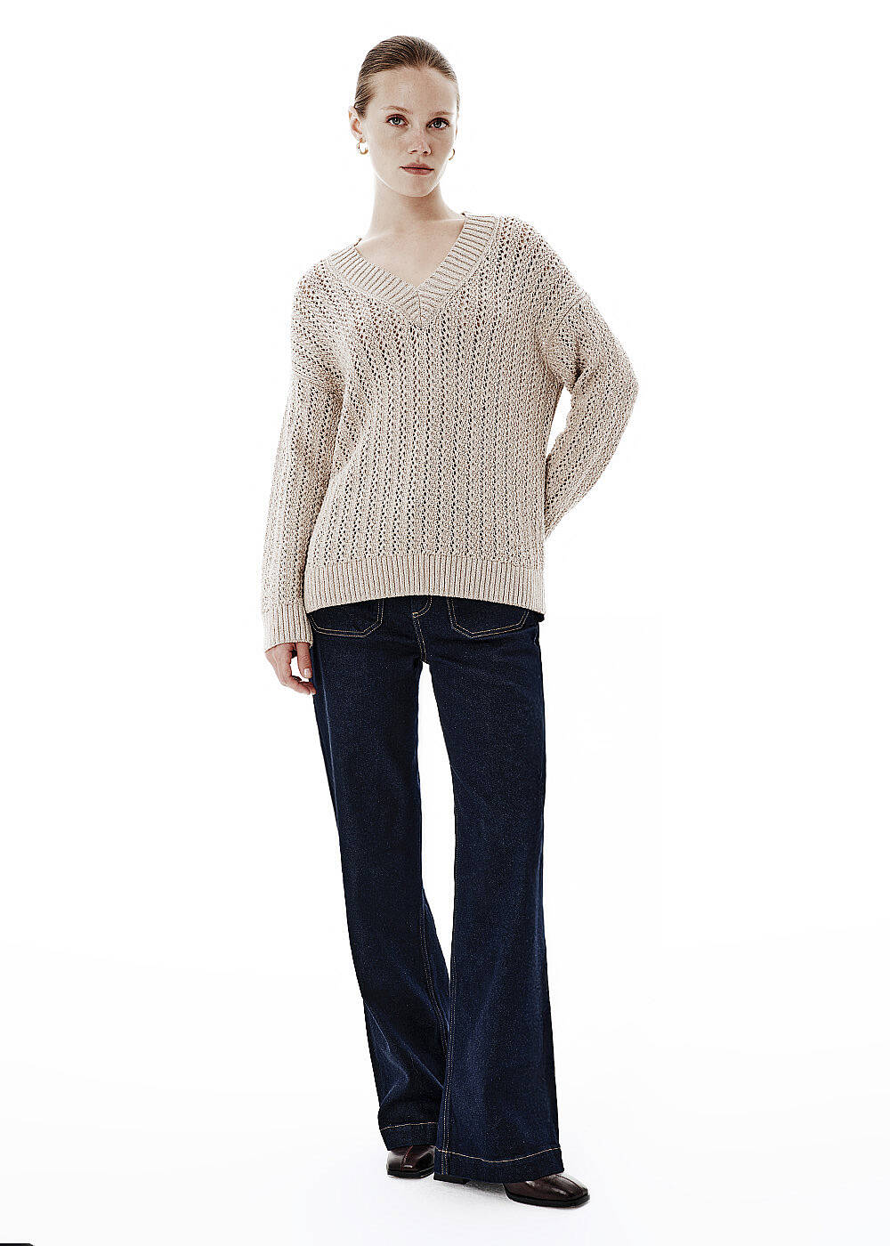 Shiny Ajour Knit Relax Fit Beige Sweater - 2