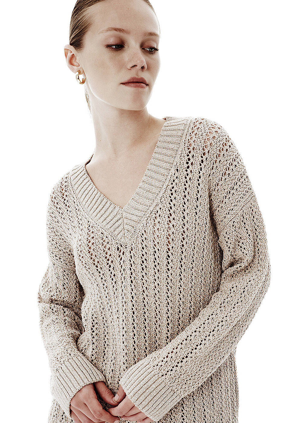 Shiny Ajour Knit Relax Fit Beige Sweater - 1