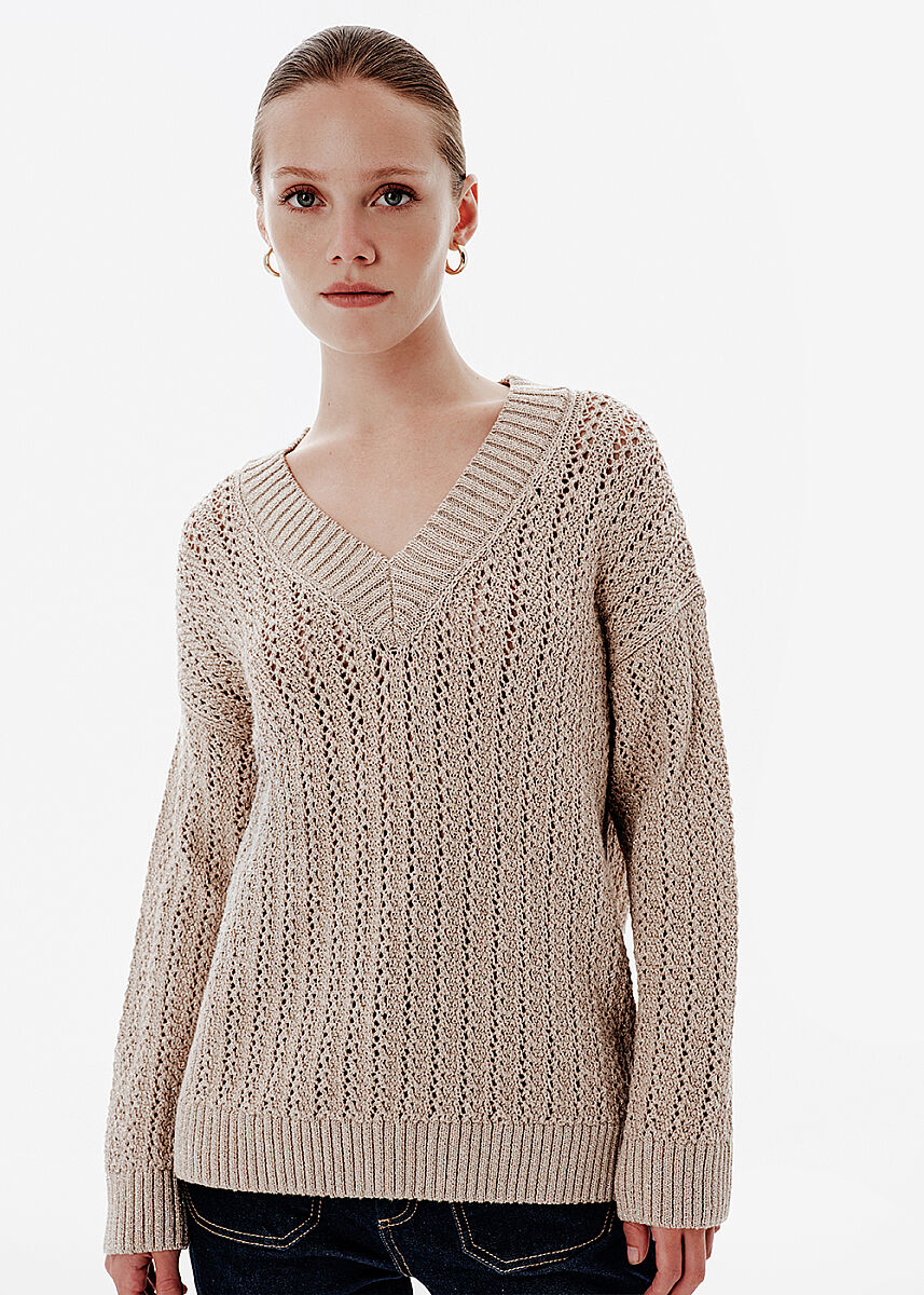 Shiny Ajour Knit Relax Fit Beige Sweater - KNITSS