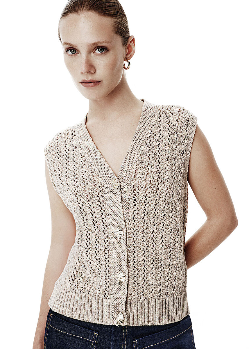 Shiny Ajour Knit Relax Fit Beige Vest - KNITSS