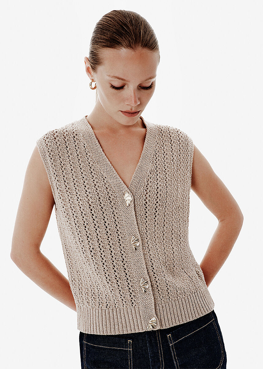 Shiny Ajour Knit Relax Fit Beige Vest - KNITSS