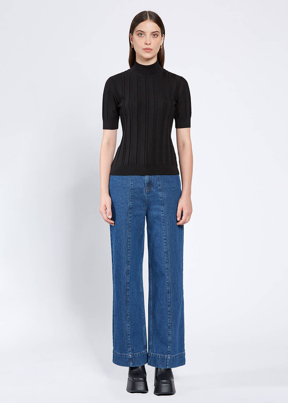 Short Sleeve Mock Neck Merino Wool Black Knıt Top - 2