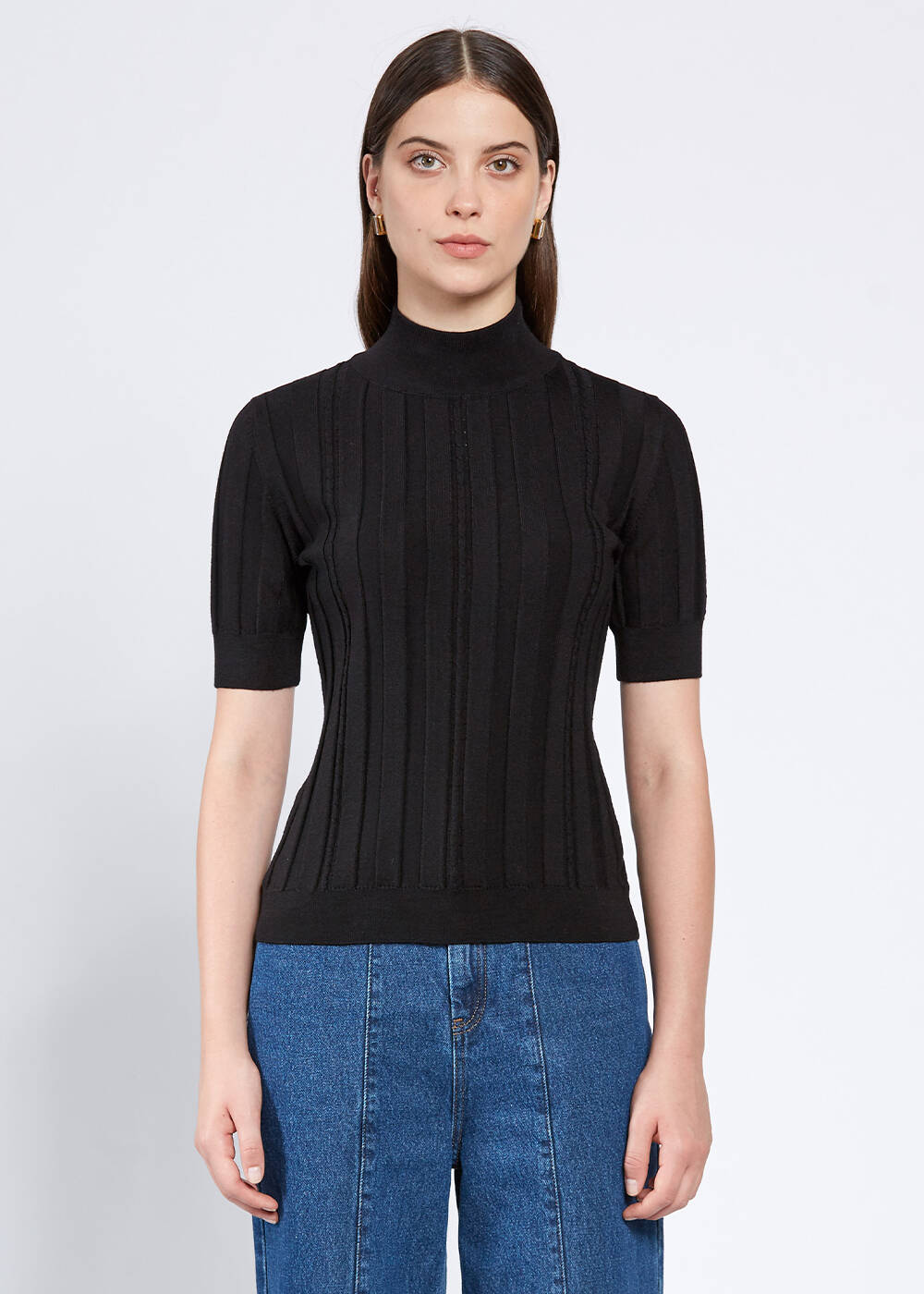 Short Sleeve Mock Neck Merino Wool Black Knıt Top - 1