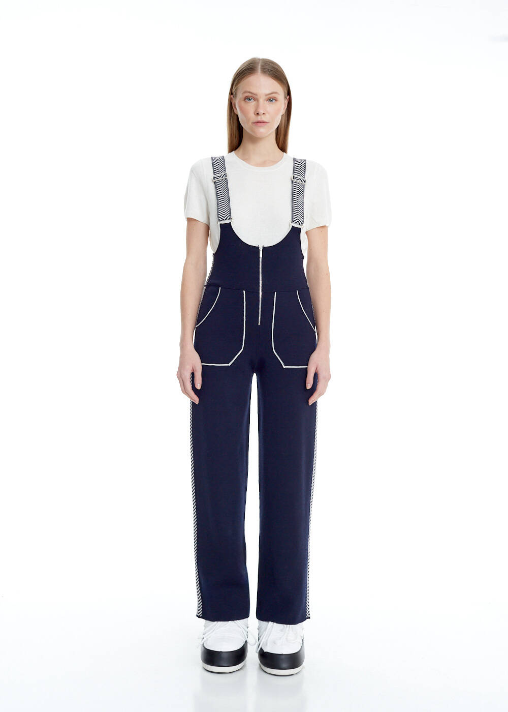 Side Stripe Detailed Navy Extrafine Merino Knit Jumpsuit - 1