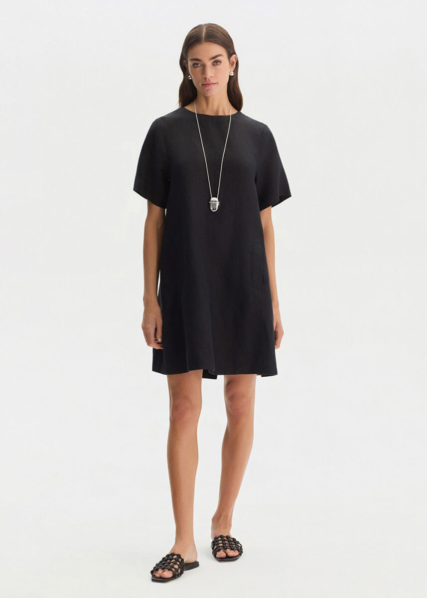 Siyah Mini Keten Elbise - KNITSS