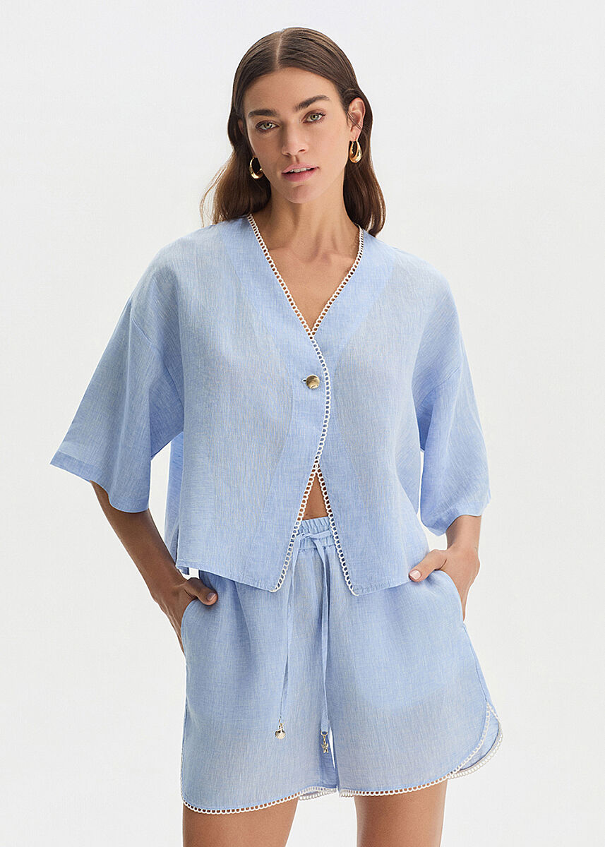 SKY CONTRAST DETAILED LINEN TOP - KNITSS
