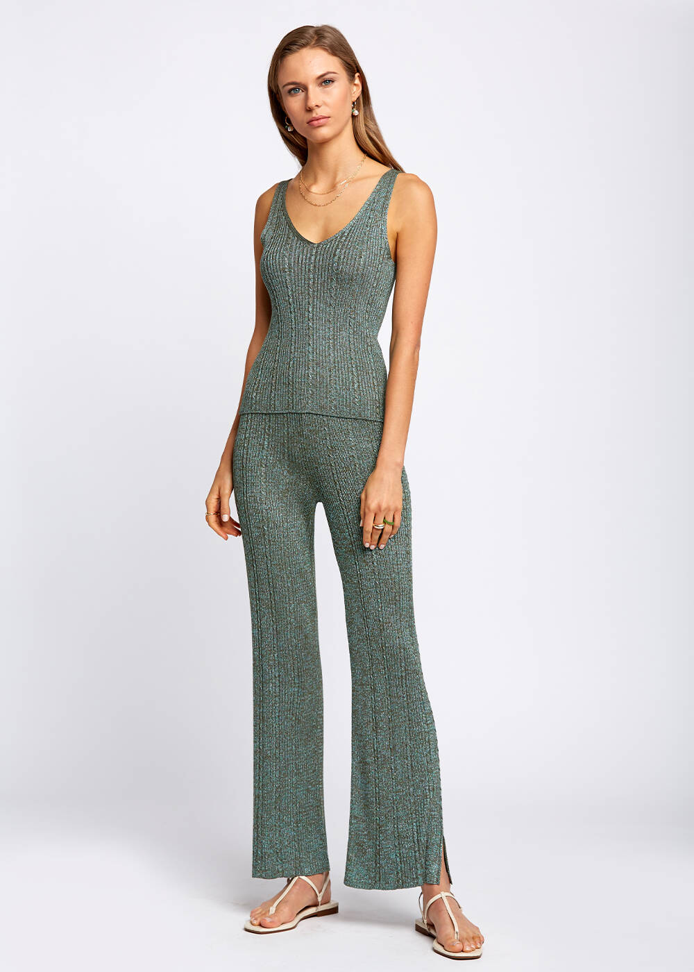 Slit Detailed Loose Fit Green Knit Pants - 2