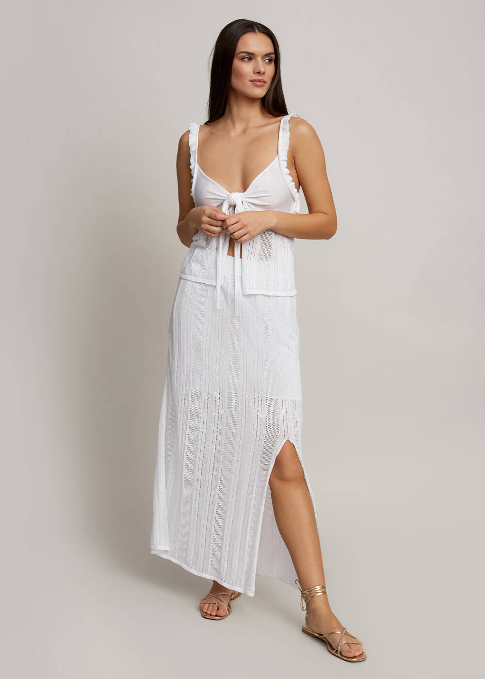 Slit Detailed White Pointelle Knit Skirt - 2