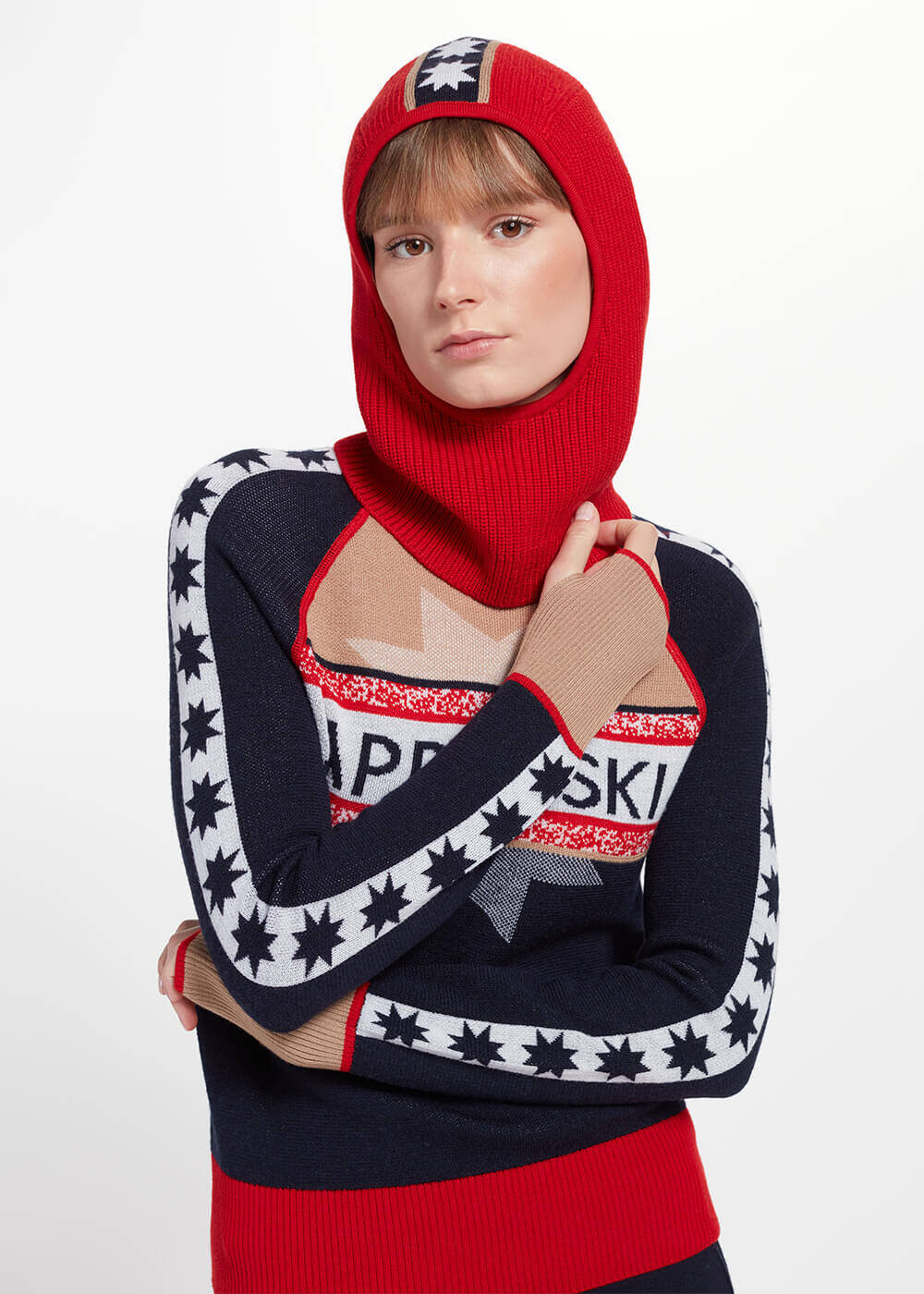 Star Patterned Red Extrafine Merino Wool Balaclava - 1