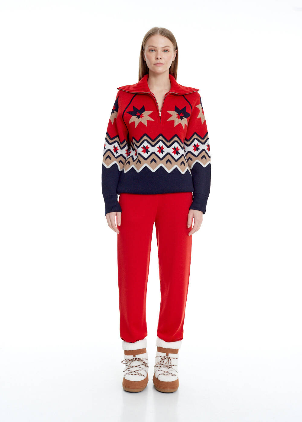 Star Patterned Zip Neck Extrafine Merino Knit Sweater - 2