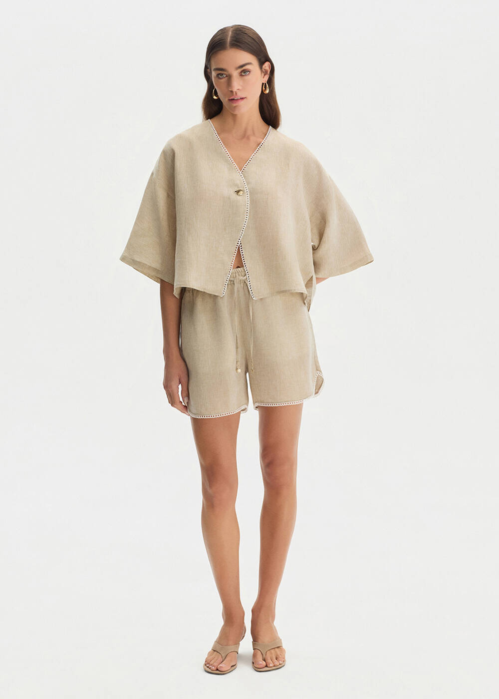 STONE CONTRAST DETAILED LINEN SHORTS - 1