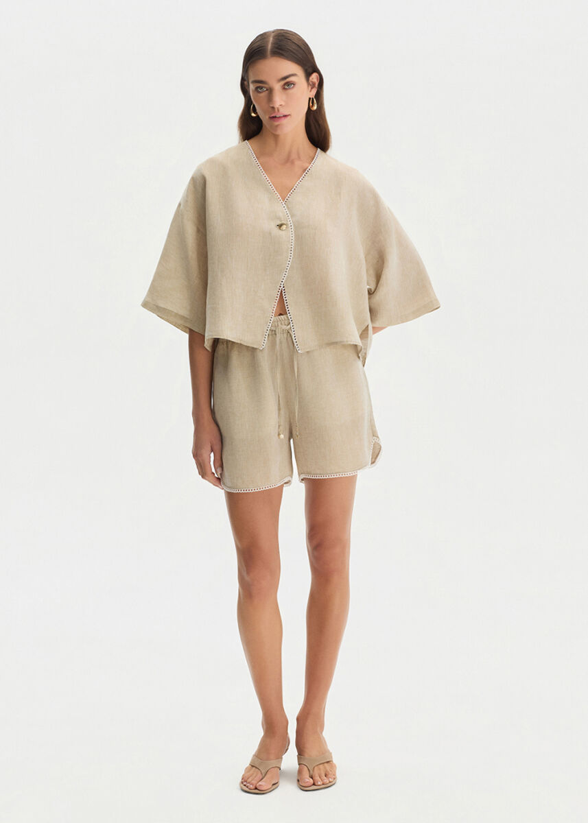 STONE CONTRAST DETAILED LINEN SHORTS - KNITSS