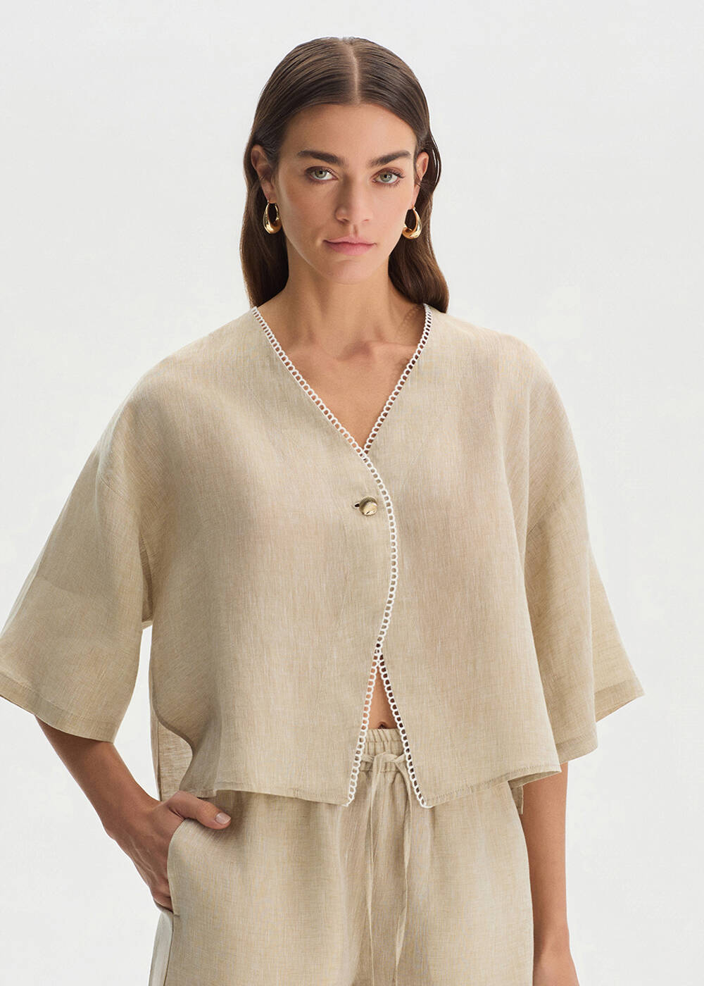 STONE CONTRAST DETAILED LINEN TOP - 1