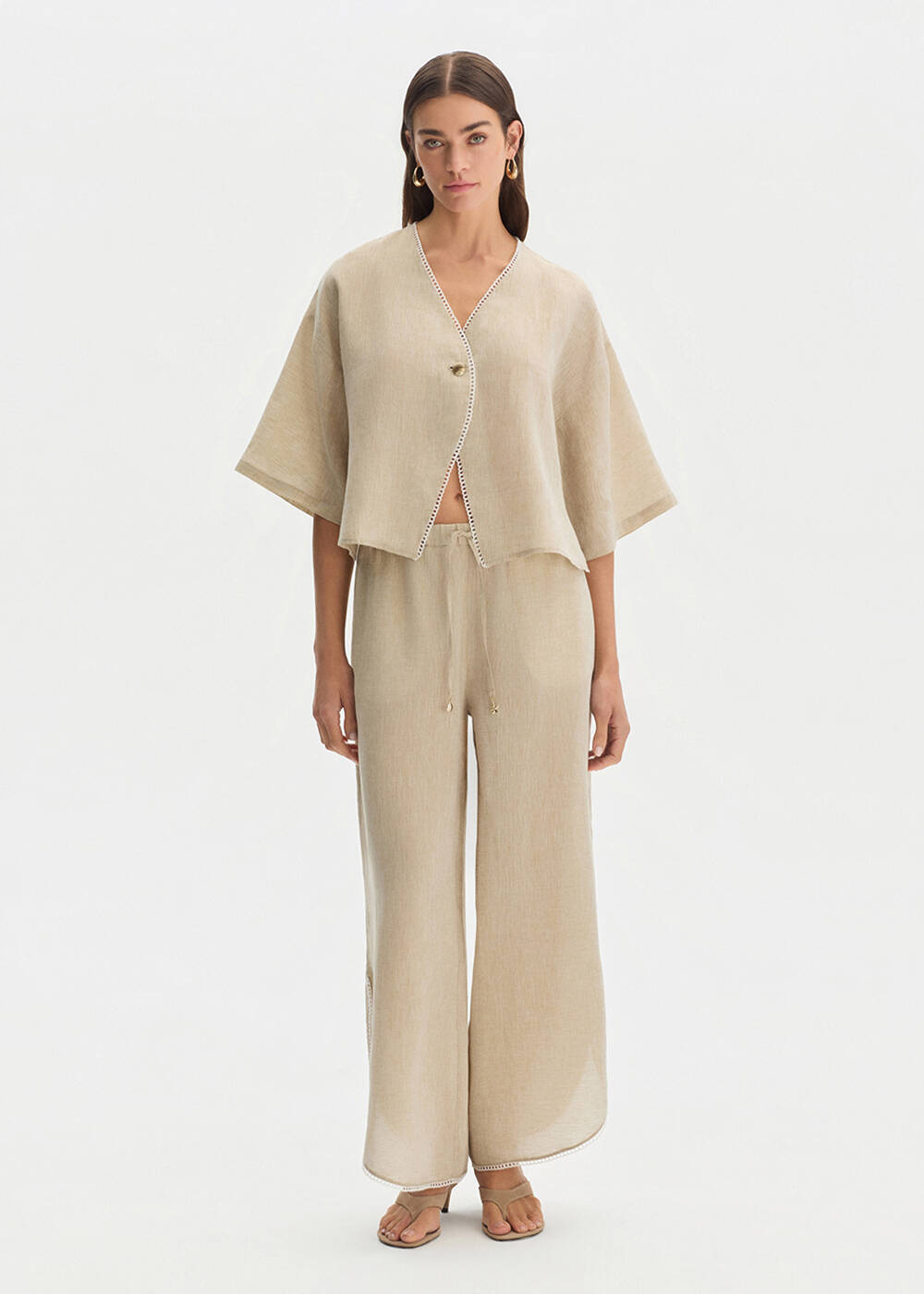 STONE DETAILED LINEN PANTS - 2